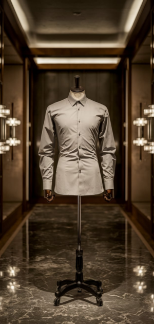Neutral gray formal shirt on a stand