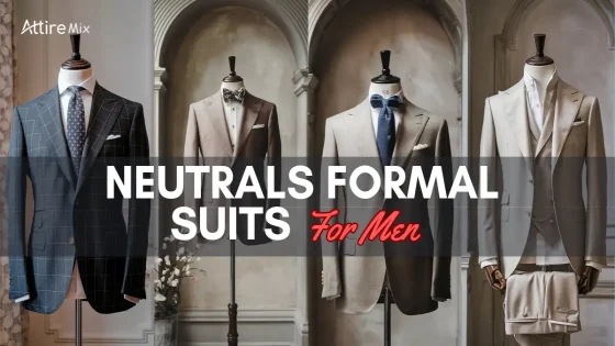 Neutral formal suits for men displayed on mannequins in a classic setting neutral color outfits men.