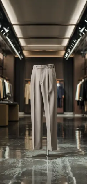 Beige tailored pants displayed on a stand in a modern, well-lit retail store