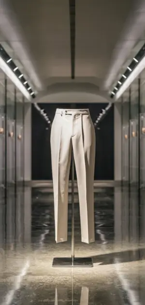 Neutral formal pants for men in a luxurious display.
