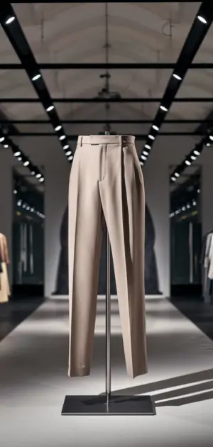 Slim-fit neutral pants displayed on a stand in a sleek, reflective retail space