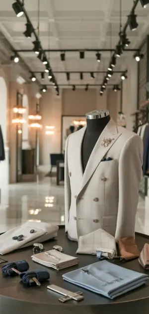 Neutral beige suit displayed with accessories in a luxurious store