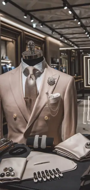 Neutral suit paired with elegant tie and pocket square displayed in a luxury store.