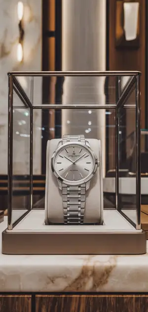 Stainless steel watch with polished silver details in a display case