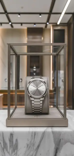Luxury neutral-tone watch with a stainless steel bracelet and minimalist style