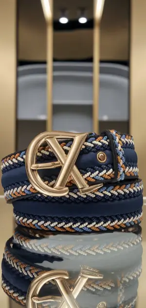 Woven nylon belt with a circular gold buckle