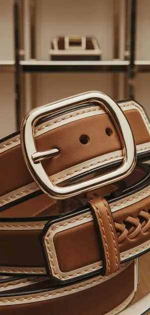 Close-up of a leather belt with a woven nylon pattern