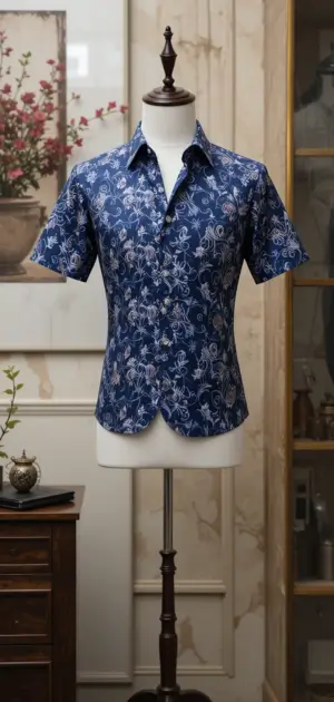 Mannequin in a short-sleeve blue floral dress shirt on a stand in a beige room.
