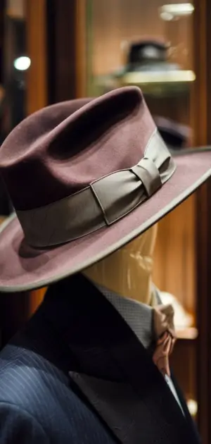 Maroon fedora with silver band on display in store