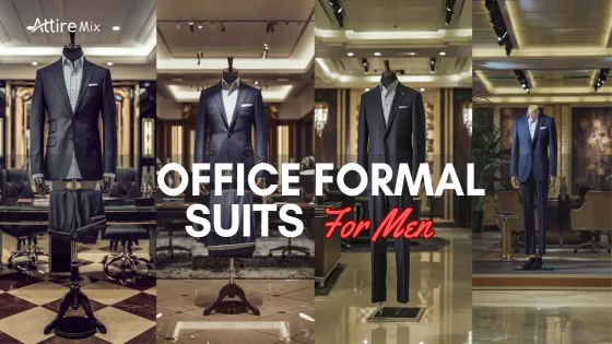 Collage of office formal suits for men displayed on mannequins