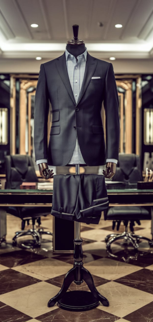 Mannequin wearing a dark formal suit in an office setting
