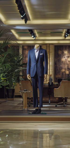 Professional blue suit on a mannequin with plants and desk backdrop