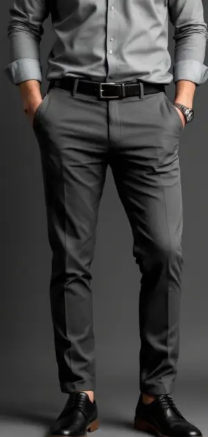 Man in dark grey dress pants paired with a black belt and matching shoes