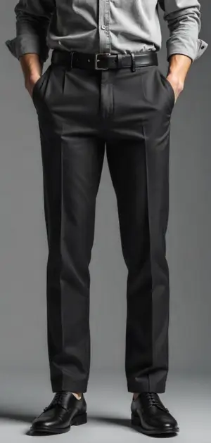 Man wearing black dress pants with a black belt and a grey shirt