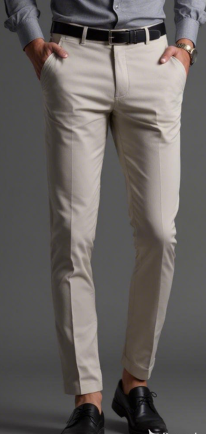 Beige slim-fit trousers styled casually with sneakers and a watch