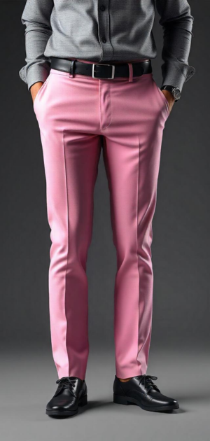 Man wearing vibrant pink trousers with a grey shirt and black accessories