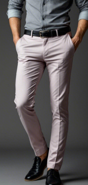 Man in light pink trousers styled with a grey shirt and black belt