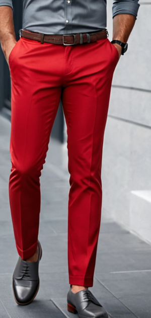 Man wearing bold red trousers with a brown belt and grey dress shoes