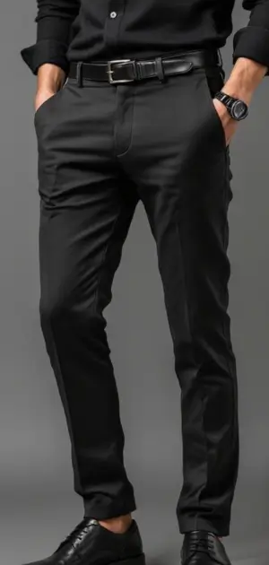 Man in black slim-fit summer pants with a black dress shirt