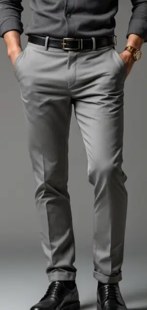 Man in dark grey summer pants with a dark grey shirt
