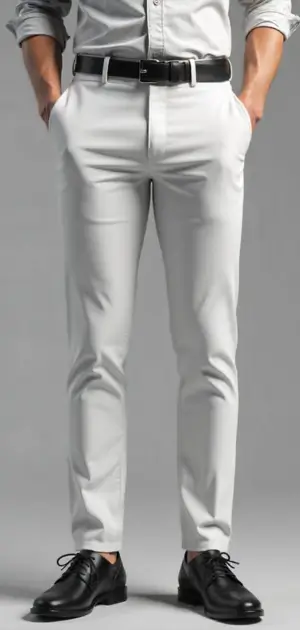 Man in white slim-fit summer pants with a light grey dress shirt