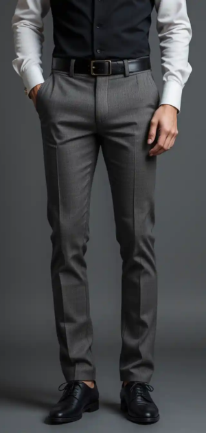 Slim-fit grey dress pants with black belt and black leather shoes