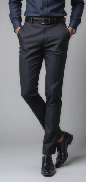 Navy blue dress pants styled with a matching shirt and black leather loafers.