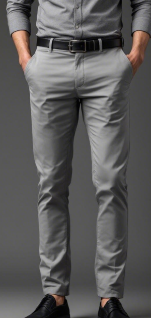 Grey slim-fit chinos paired with a black belt and dress shoes