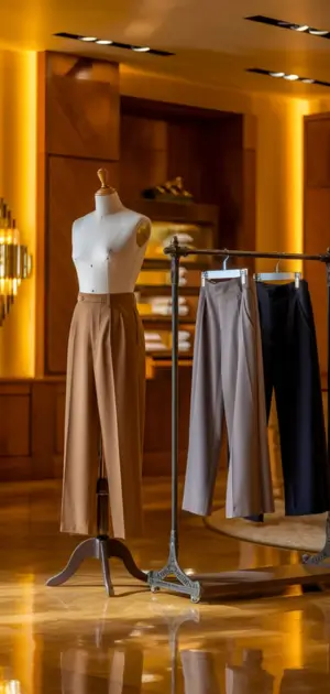 Neutral-toned pants collection in a refined retail setting.