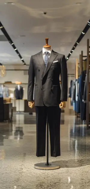 Black suit with bow tie on a mannequin in an elegant retail setup