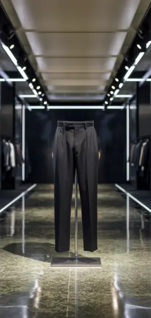 Black formal pants displayed in a high-end store with contemporary lighting.