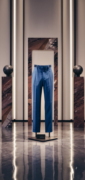 Blue formal pants displayed in an elegant retail setup with a modern aesthetic