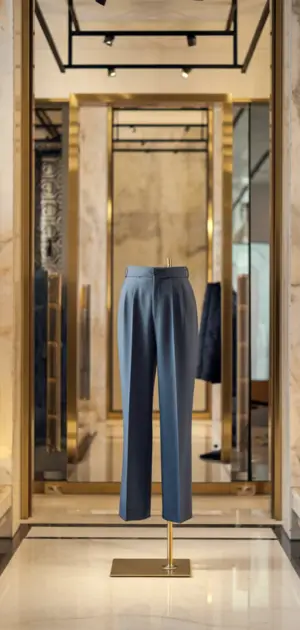 Elegant blue trousers displayed in a luxury store setting
