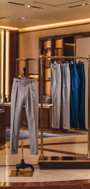 selection of gray and blue cotton pants hanging neatly on a rack in a polished store interior.