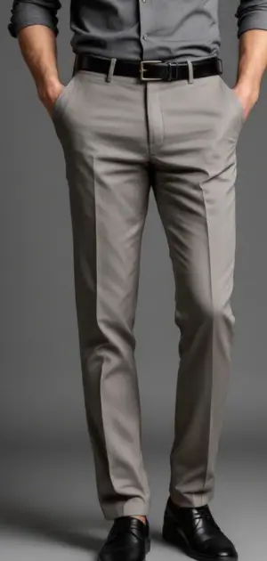 Light grey dress pants styled with a grey button-up and black belt
