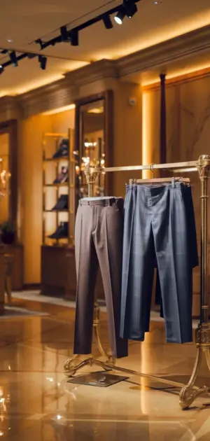 Brown and checked navy trousers hanging on a rack in a luxurious store