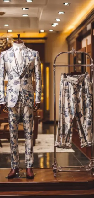Mannequin with a floral suit next to matching trousers on a rack