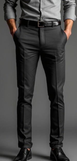 Black slim-fit trousers styled with a grey shirt and black dress shoes