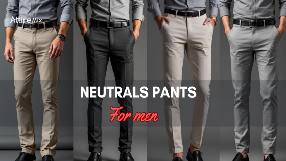 Four neutral-colored pants for men displayed in a stylish fashion layout
