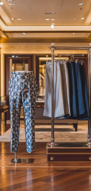 Geometric-patterned pants next to a rack of plain trousers in a boutique