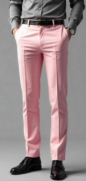 Man in light pink tailored trousers with a dark grey shirt and black shoes.