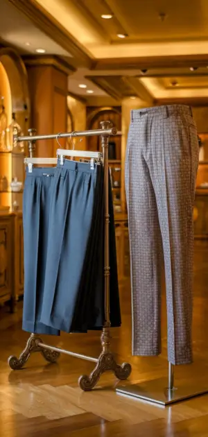 Display of plain and plaid trousers in a boutique setting.