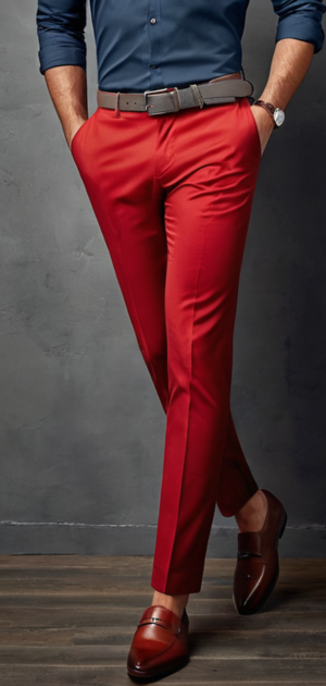 Man in elegant red dress pants with a navy shirt and brown loafers