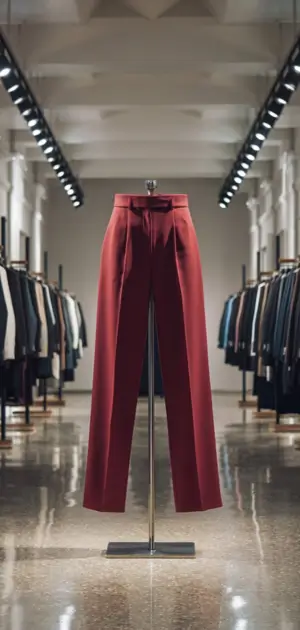 Red slim-fit pants on a mannequin in a refined retail environment