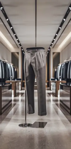 Gray tailored pants on display in a high-end retail setting