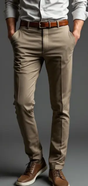 Man in khaki solid trousers with a white shirt, brown belt, and brown sneakers