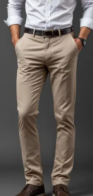 Man in beige dress pants styled with a white shirt and brown leather belt
