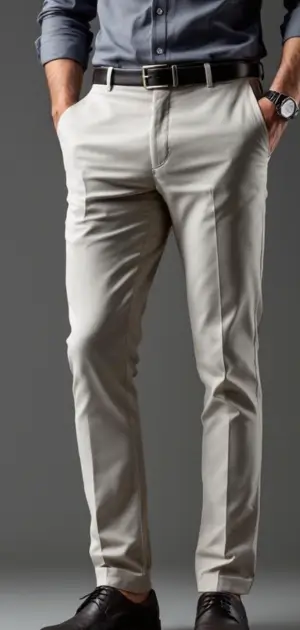 Man in light grey dress pants with a dark grey button-up shirt
