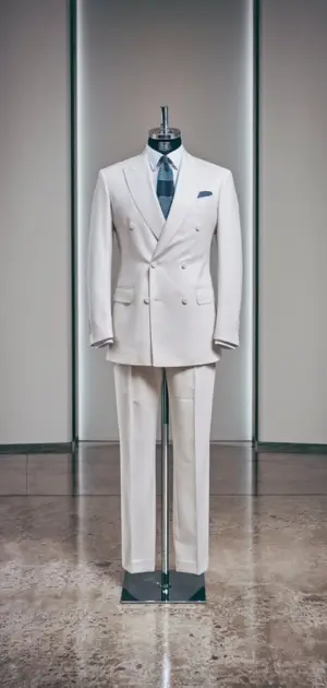 Double-breasted white suit with a bow tie displayed on a mannequin