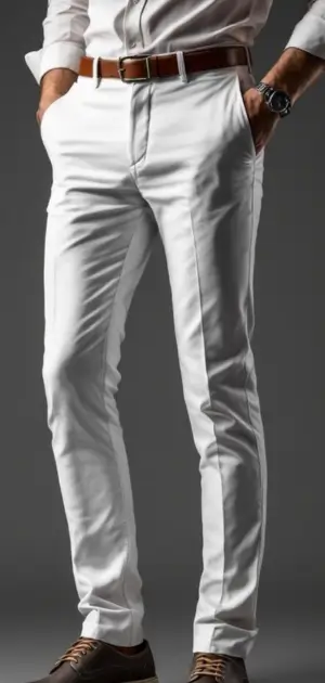 Man wearing tailored white trousers with a white shirt, brown belt, and dark shoes.